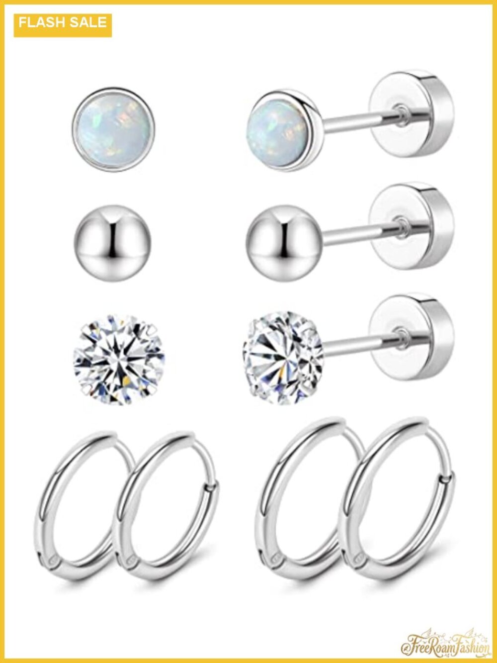 G23 Titanium Earrings Set Hypoallergenic Flat Back Studs & Hoops for Sensitive